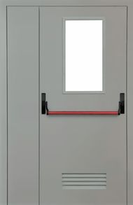 Полуторная огнестойкая дверь с антипаникой и стеклопакетом 04